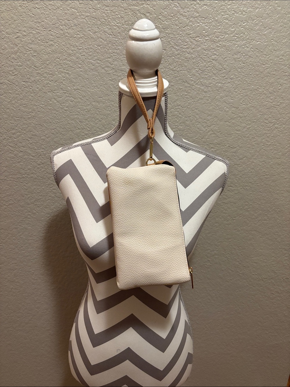 Cream Pebbled Leather Wristlet with Tan Strap